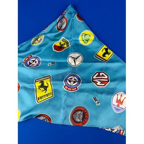 171 - Automobilia Interest Scarf - Sports Car Logos, Ferrari, Lotus, Maserati, Alpha, Jaguar etc.