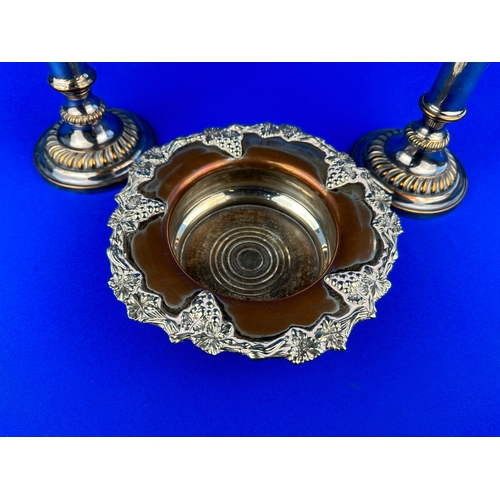 174 - Two Silver Plated Candlesticks & Wine Bottle Coaster