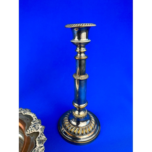 174 - Two Silver Plated Candlesticks & Wine Bottle Coaster