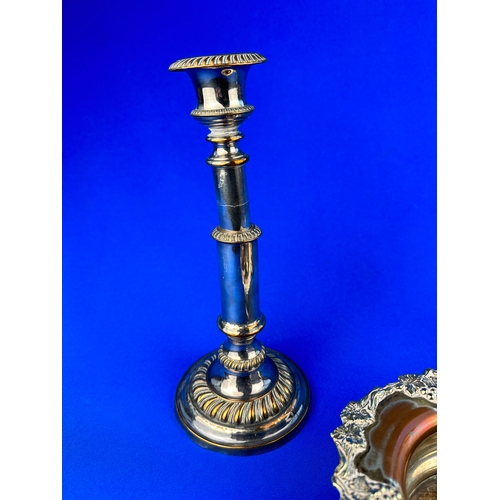 174 - Two Silver Plated Candlesticks & Wine Bottle Coaster