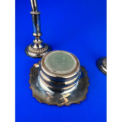 174 - Two Silver Plated Candlesticks & Wine Bottle Coaster