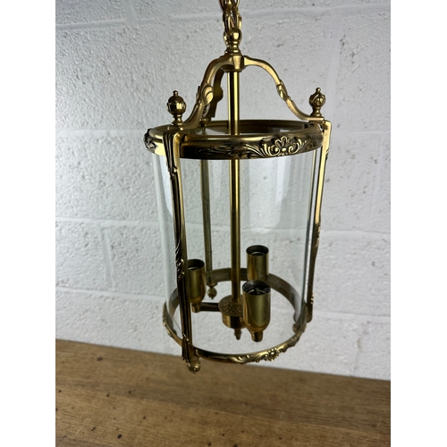 468 - Brass and Glass Cased Ornate Three Lamp Pendant Lantern - 21