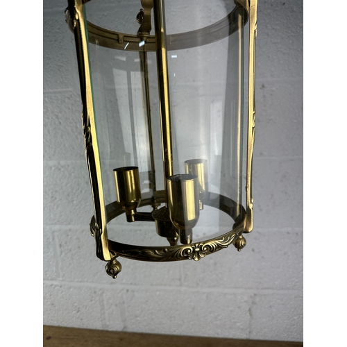 468 - Brass and Glass Cased Ornate Three Lamp Pendant Lantern - 21