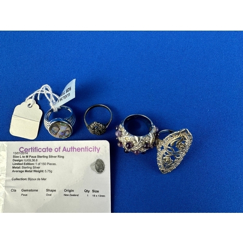 46 - Four Silver Rings, Filigree, Marcasite, Amethis & Paua