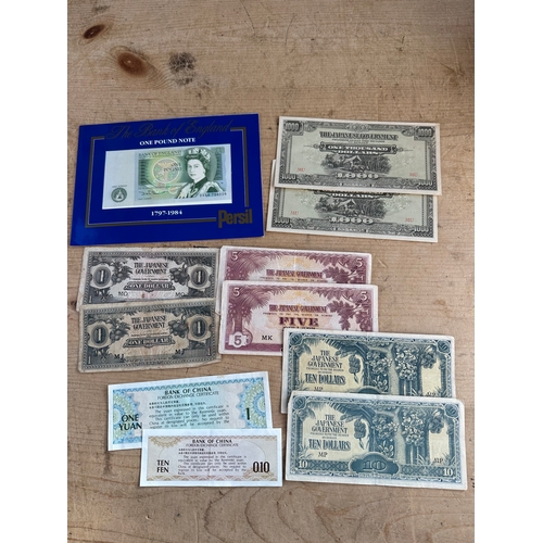 77 - Uncirculated £1 Note & Japanese War Money Notes.