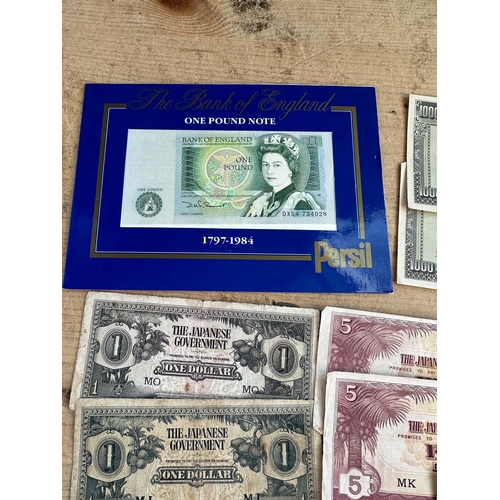 77 - Uncirculated £1 Note & Japanese War Money Notes.