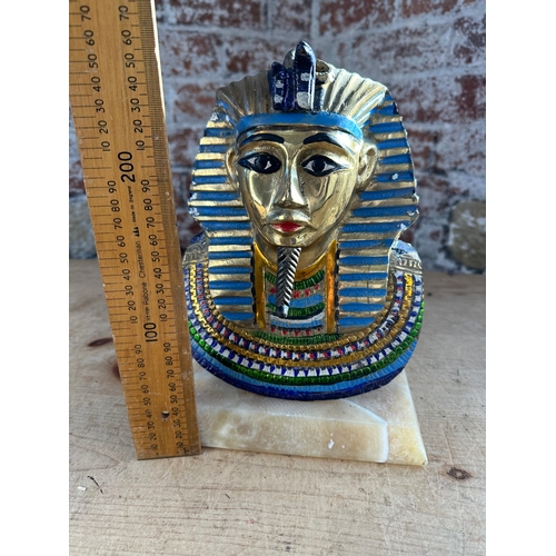 256 - Heavy Painted Cast Brass & Painted Tutankhamun Bust mounted on Marble Base