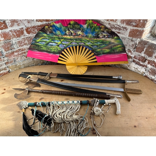 245 - Vintage Display Swords, Axe, Tribal Stick & Large Fan.