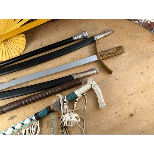 245 - Vintage Display Swords, Axe, Tribal Stick & Large Fan.