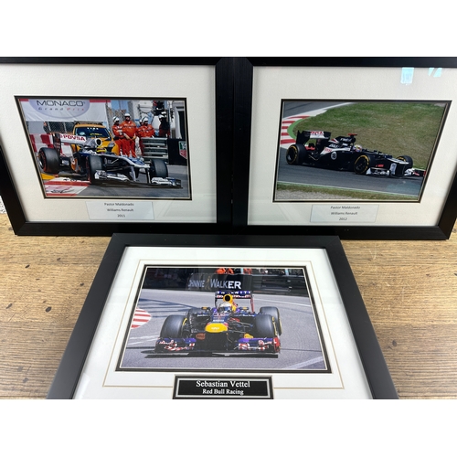 224 - Four Nicely Mounted and Framed Formula 1 Pictures inc. Lewis Hamilton, Pastor Maldonado, Sebastian V... 