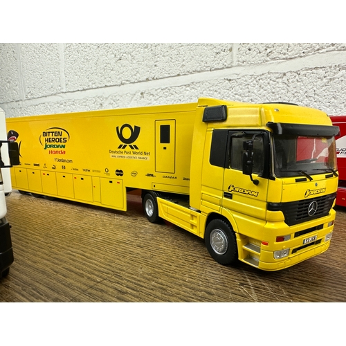 199 - Formula 1 1:43 Scale Die Cast Team Trucks, Possibly Panini - McLaren Renault Magnum, Jordan Mercedes... 