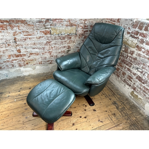 487 - Green Leather Reclining Armchair & Footstool