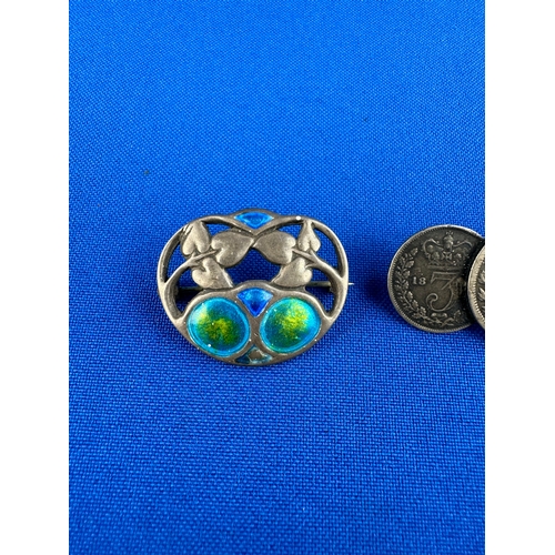 19 - Two Brooches - Charles Horner Silver & Enamel Art Nouveau Brooch with loop for pendant use solderd o... 