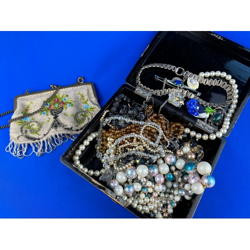 332 - Box of Vintage Costume Jewellery & Beadwork Purse.