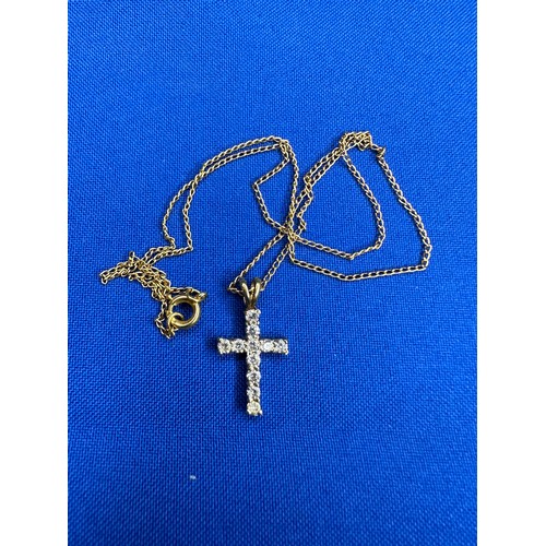 45 - 9ct Gold Cross Necklace with white stones 2.5g gross