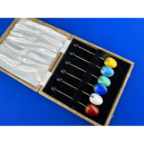 66 - Boxed Set of Art Deco Style Silver & Enamel Coffee Spoons