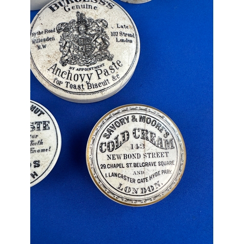 198 - Five Advertising Pot Lids including: Kay's Dupuytren's Balsamic Pery Pomade