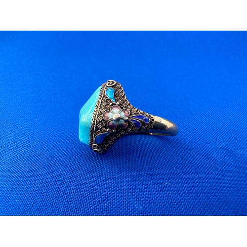 33 - Chinese Silver Gilt, Turquoise and Enamel Ring. Open Size. 7.9g...