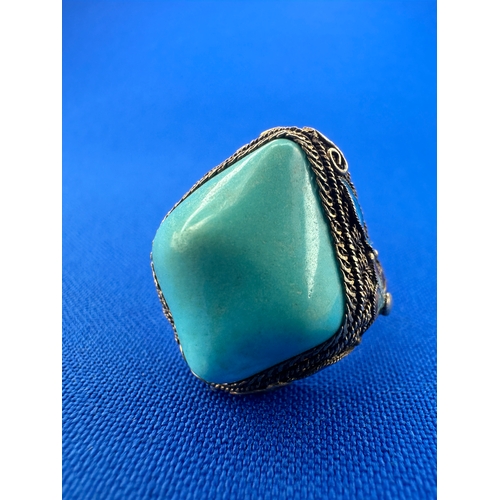 33 - Chinese Silver Gilt, Turquoise and Enamel Ring. Open Size. 7.9g...