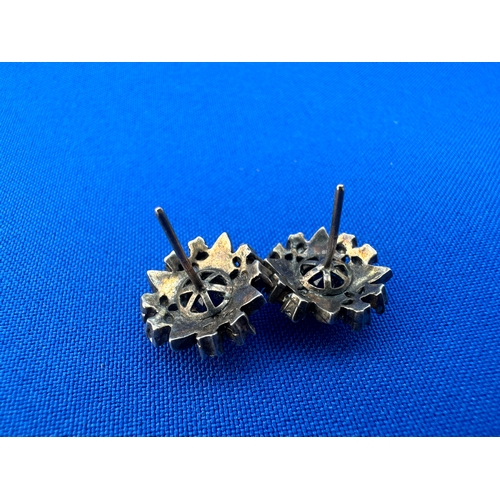 44 - Paste Flowerhead Earrings. Blue and Clear Paste Set in Unmarked White Metal...