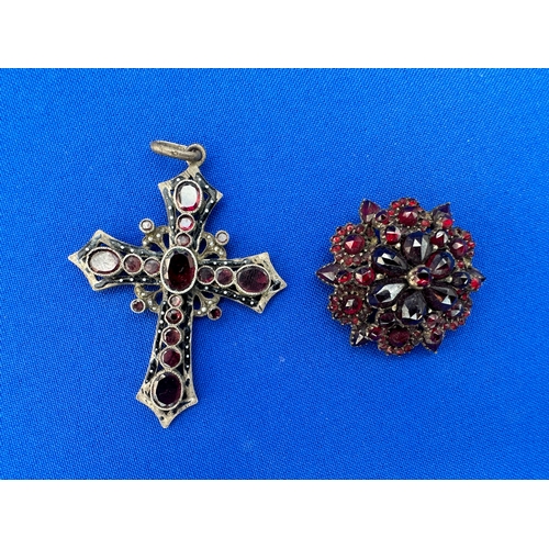 46 - Antique Garnet Brooch (Lacking Pin) and Silver Gilt Cross Pendant (Damage to Enamel)...