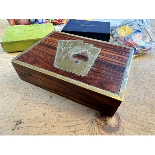 105 - Vintage Card Games,Brass Inlaid Card Box with Counters 7 Dice etc.