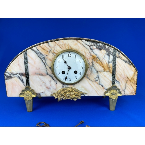 67 - Art Deco Marble and Brass, Three Piece Mantle Clock and Garniture Set with 8 day Striking Movement, ... 