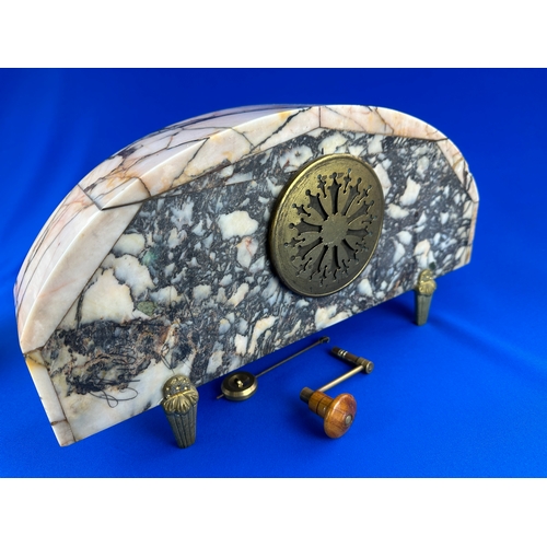 67 - Art Deco Marble and Brass, Three Piece Mantle Clock and Garniture Set with 8 day Striking Movement, ... 