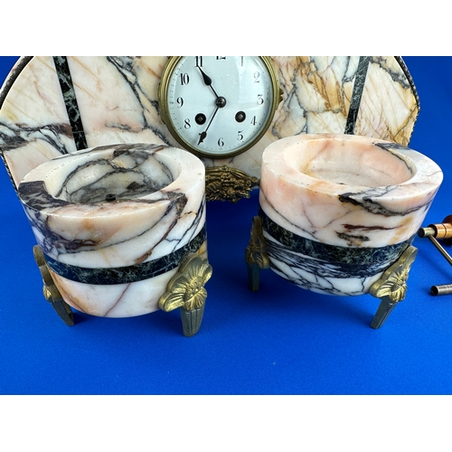 67 - Art Deco Marble and Brass, Three Piece Mantle Clock and Garniture Set with 8 day Striking Movement, ... 