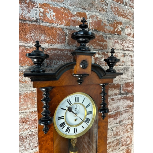 42 - Impressive Vienna Wall Clock - approx. 4ft Tall with Ebonised Finials, Weight, Pendulum and Key and ... 