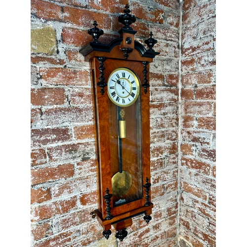 42 - Impressive Vienna Wall Clock - approx. 4ft Tall with Ebonised Finials, Weight, Pendulum and Key and ... 