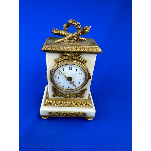 37 - Antique French White Marble & Ormolu Boudoir Clock Retailed by Manoah Rhodes & Sons - Working (no ke... 