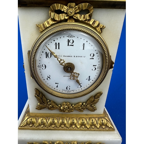 37 - Antique French White Marble & Ormolu Boudoir Clock Retailed by Manoah Rhodes & Sons - Working (no ke... 