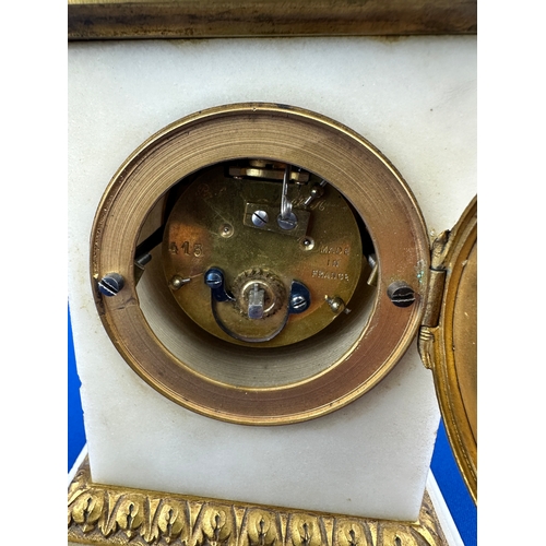 37 - Antique French White Marble & Ormolu Boudoir Clock Retailed by Manoah Rhodes & Sons - Working (no ke... 