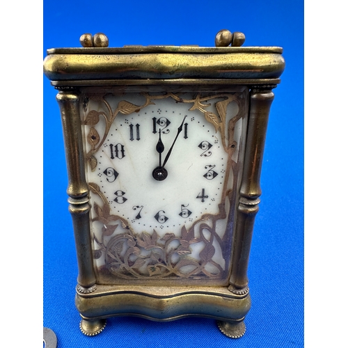 38 - Brass Four Wall Small Carriage Clock with Fancy Face - Ticks for a while then sticks, with key.