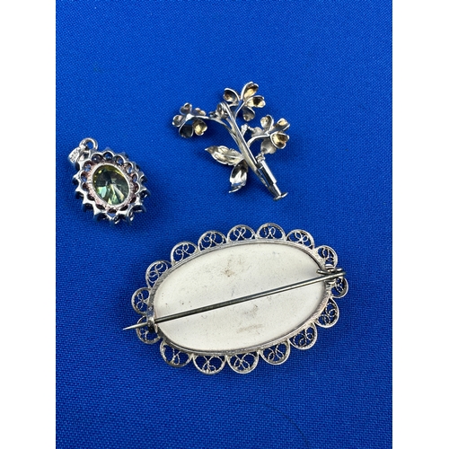 8 - Three Silver Jewellery Items - Pendant & Two Brooches