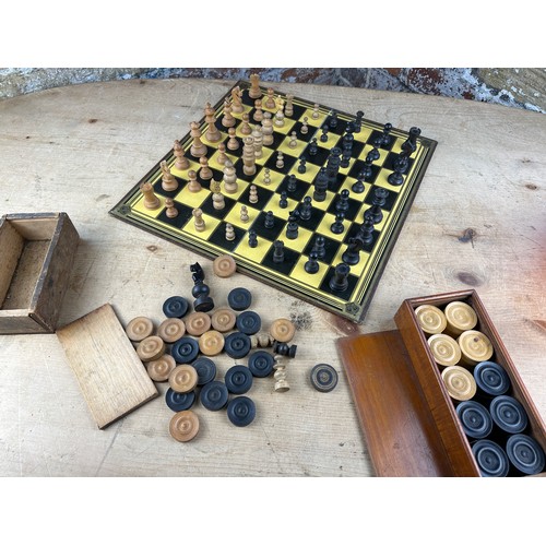 106 - Two Vintage Wooden Chess Sets (a/f) & Draughts Pieces.