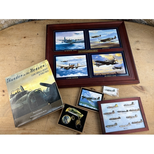 84 - Military Airplane Ceramic Tiles, Pin Badges, Knife, Pocket Watch & Book