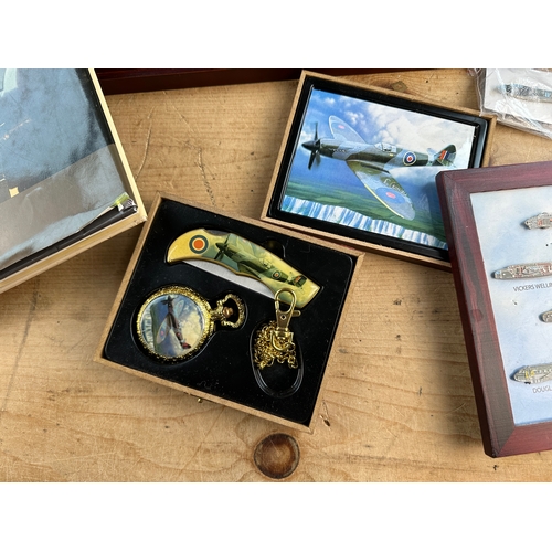 84 - Military Airplane Ceramic Tiles, Pin Badges, Knife, Pocket Watch & Book