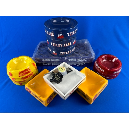 165 - Vintage Glass, Ceramic and Plastic Brewery Related Ashtrays from Tetley, Double Diamond, Skol and Ca... 
