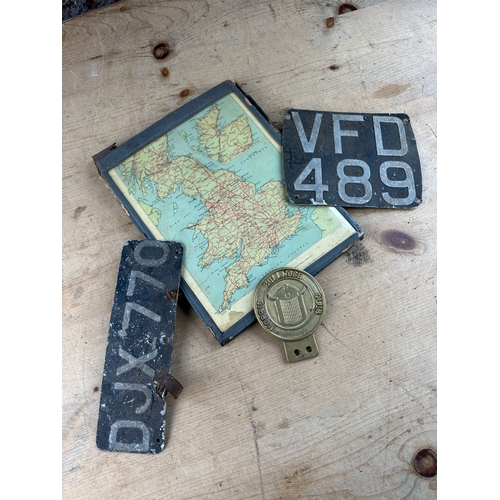 239 - Two Vintage Number Plates, Map & Morris Bullnose Club car Badge