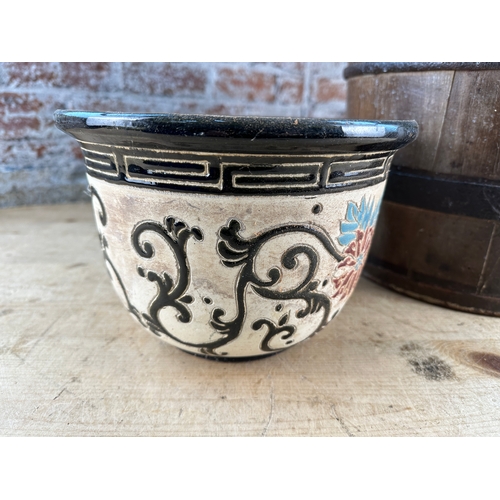 226 - Coopered Wooden Bucket & Ornate Stoneware Planter