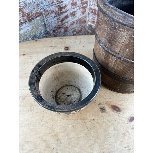 226 - Coopered Wooden Bucket & Ornate Stoneware Planter