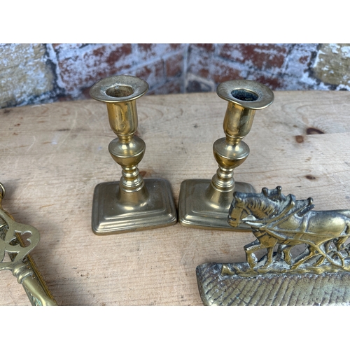 221 - Brass Items including Wall Lights & Antique Candlesticks