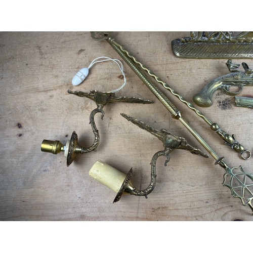 221 - Brass Items including Wall Lights & Antique Candlesticks