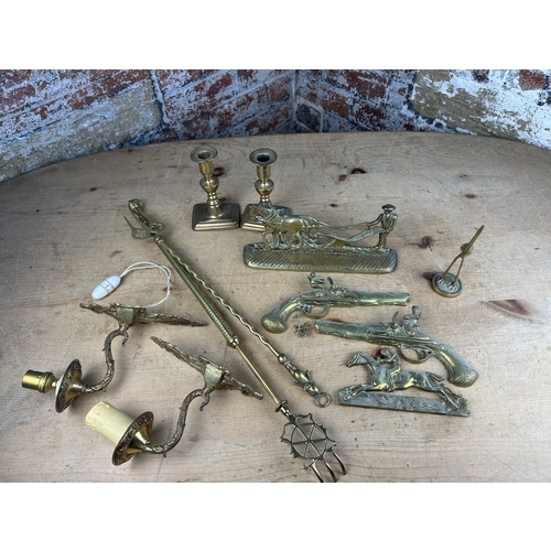 221 - Brass Items including Wall Lights & Antique Candlesticks