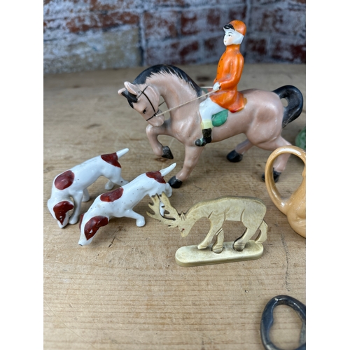 224 - Mixed Collectable Lot including Hunt Scene Ceramics, Vintage Shell Figures & Silver Plated Seal Bott... 