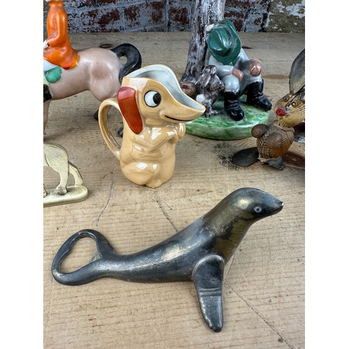 224 - Mixed Collectable Lot including Hunt Scene Ceramics, Vintage Shell Figures & Silver Plated Seal Bott... 