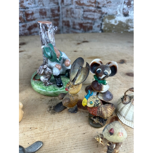 224 - Mixed Collectable Lot including Hunt Scene Ceramics, Vintage Shell Figures & Silver Plated Seal Bott... 