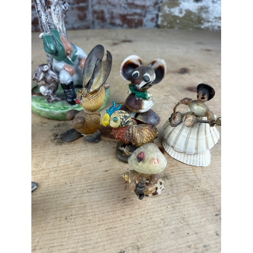 224 - Mixed Collectable Lot including Hunt Scene Ceramics, Vintage Shell Figures & Silver Plated Seal Bott... 